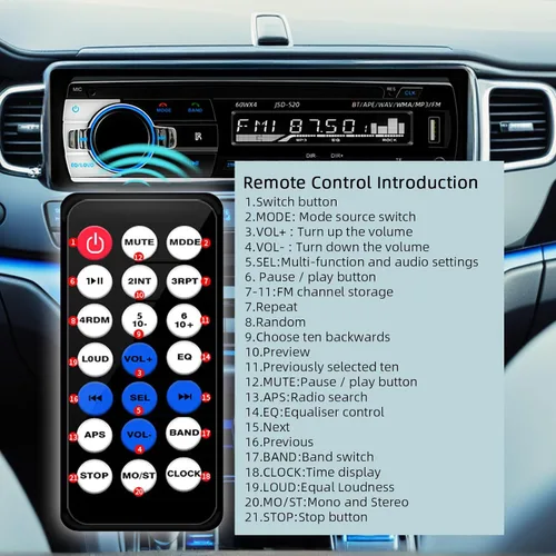 Vista 5 de JSD-520 Coche Estéreo Audio Solo DIN Bluetooth Manos Libres FM Radio Receptor USB Carga/MP3/AUX/TF, No Reproductor de CD