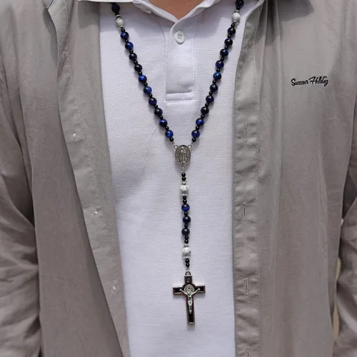 Vista 4 de Rosario de cuentas católicas hechas a mano de 0.315 pulgadas para hombre, collar de rosario negro grande con medalla milagrosa, rosarios, regalos