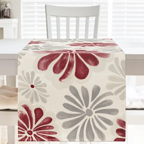 Vista 5 de AnyDesign Camino de mesa floral acuarela con flores rojas y grises, decoración de mesa de comedor, cubierta rústica para interiores y exteriores