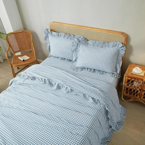 Vista 3 de LifeTB Gingham Ruffle Twin Sheets Set Soft Microfiber Blue Plaid Bed Sheets Volante - Azul Gingham