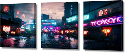Vista 39 de Cuadros de 3 paneles de Cyberpunk City - Arte de pared de vallas publicitarias de edificios modernos en la capital con obras de arte modernas