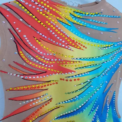Vista 3 de LIUHUO Leotardos de gimnasia rítmica para mujer, con borlas de diamantes coloridos, para competición