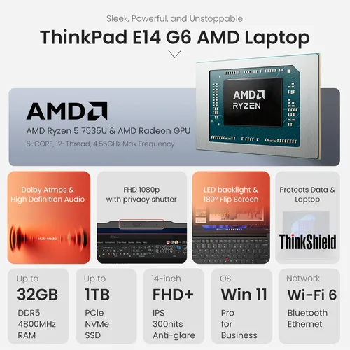 Vista 2 de Lenovo ThinkPad E14 Gen 6 14" FHD+ AMD Ryzen 5 7535U Business Laptop