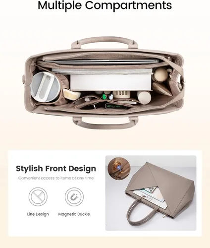 Vista 5 de LOVEVOOK Bolso para laptop de mano para mujer con portavasos grande, de 15.6 pulgadas, de PU, bolso de trabajo para maestra, bolso de mano