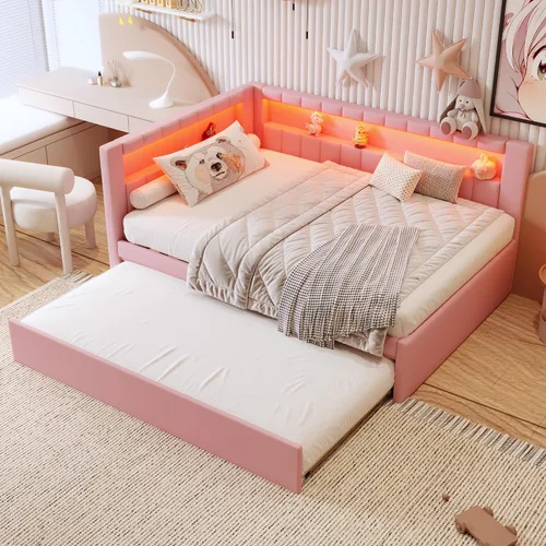 Vista 10 de Cama de plataforma tapizada de tamaño individual con puertos USB y luces LED, sofá cama con nido y cabecera en forma de L, cama esquinera suave