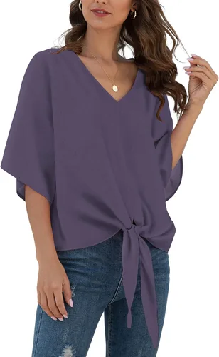 Vista 41 de VIISHOW Womens Tie Front Chiffon Blouses V Neck Batwing Short Sleeve Summer Tops Shirts Albaricoque