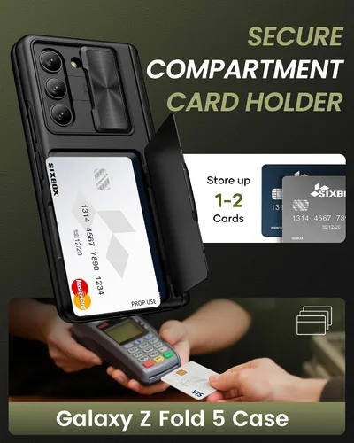 Vista 3 de Funda para Samsung Galaxy Z Fold 5 con tarjetero y cubierta para cámara deslizante, protector de pantalla integrado y protección de bisagra, funda