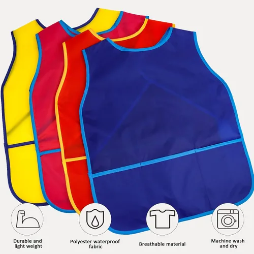 Vista 5 de 4 delantales de pintura para niños, delantales impermeables con 3 bolsillos, para niños de 3 a 8 años, 4 colores 4 colores (velcro)