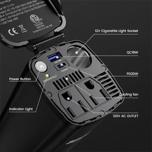 Vista 12 de BESTEK Inversor de corriente de 200 W, adaptador de toma de corriente de enchufe de coche de 12 V CC a 110 V CA con [USB-C de 30 W]/cargador rápido