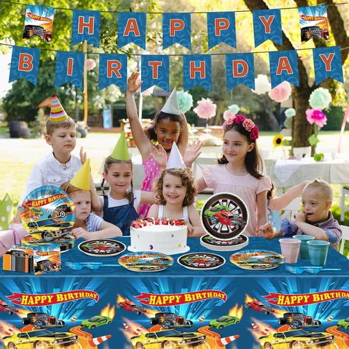 Vista 6 de 98 piezas de suministros de fiesta de cumpleaños de coches de carreras, platos y servilletas de papel rectangular de plástico mantel de carreras