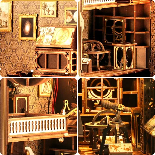 Vista 6 de Kit de rincón de libro para adultos, kit de construcción de casa de muñecas en miniatura, rompecabezas de madera 3D con sensor de luz LED