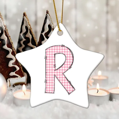 Vista 6 de Adorno de cerámica con monograma de letras del alfabeto de búfalo rosa con forma de estrella, recuerdo colgante para boda, invierno, Año Nuevo