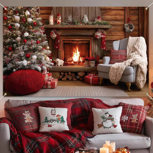 Vista 5 de HOMETITUTE Cartel navideño para chimenea de 71 x 43 pulgadas, acogedor telón de fondo navideño con adornos para árbol de Navidad, fondo cálido fuego