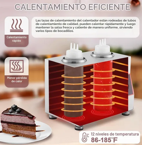 Vista 2 de Dispensador eléctrico de salsa con 2 botellas de salsa de 22 onzas y 3 agujeros, calentador de botellas para chocolate caliente, queso nacho