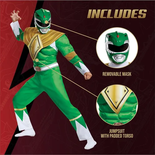 Vista 4 de Disguise Men's Green Ranger Classic Muscle Adult Costume