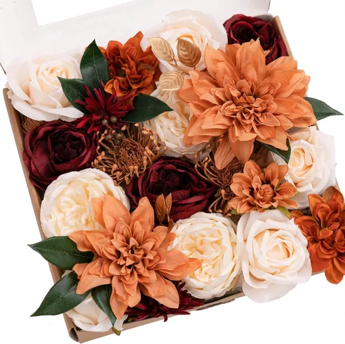 Vista 42 de Ling's moment Caja de Flores Falsas, Tallos de Vegetación Artificial Falsa Rosas de Espuma Dalia Hortensia de Seda Peonía Flor de Tela para Centros