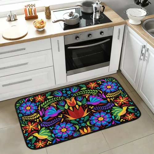 Vista 3 de Felpudo con diseño floral de pájaros mexicanos, resistente a la suciedad, lavable a máquina, tapete antideslizante para cocina, baño, lavandería, 24