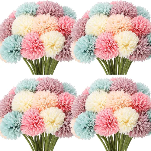 Vista 10 de Tigeen 50 piezas de flores artificiales de crisantemo, bola de crisantemo artificial realista para bricolaje, ramos de boda, despedidas de soltera