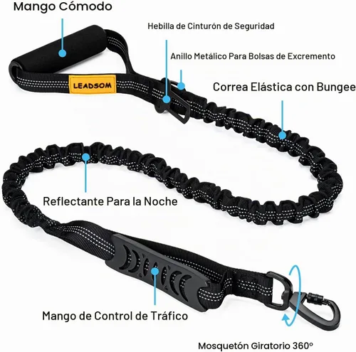 Vista 2 de Correa de perro de 6 pies altamente reflectante, resistente, elástica y de bungee, para perros medianos y grandes, con amortiguación de choque