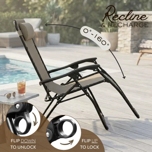 Vista 4 de Paquete de 2 sillas de salón ajustables de gravedad cero con tela de malla de acero: silla de césped reclinable con almohada cómoda, bandeja