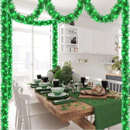 Vista 6 de Guirnalda de 39.4 pies con luces para el día de San Patricio, 120 luces LED, trébol verde metálico, guirnalda colgante de trébol para el día de San