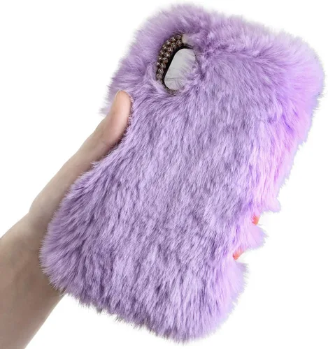 Vista 14 de LCHDA Funda de felpa para iPhone 7/iPhone 8, funda de piel de conejo, funda mullida y esponjosa para niñas, lindo pelo cálido de invierno, funda