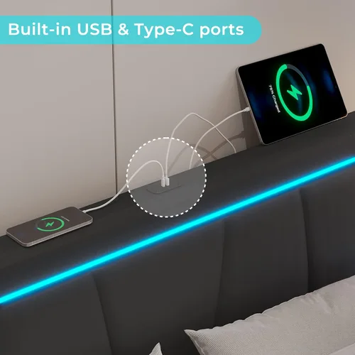 Vista 4 de Hasuit Marco de cama Full con 4 cajones de almacenamiento debajo, cama de plataforma tapizada tamaño Full con cabecera de cuero artificial, cama