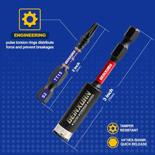 Vista 3 de Geinxurn Juego de brocas de destornillador magnético de impacto de seguridad T15 de 2 pulgadas, juego de brocas de potencia de cabeza Torx #15 de 51