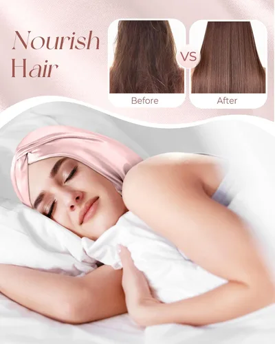 Vista 2 de Miss Adola Gorro de seda de morera para mujer, juego de dormir de 19 momme de seda natural para el cuidado del cabello con máscara de ojos y gorro