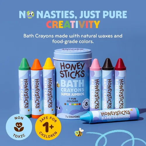 Vista 2 de Honeysticks Crayones de baño súper jumbo no tóxicos (paquete de 7) para niños pequeños de 1 a 3 años y niños de 4 a 8 años, crayones de cera