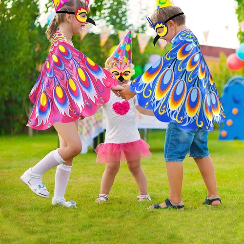 Vista 3 de iROLEWIN Peacock-Costumes-Bird-Wings Mask for Kids-Girls Feathered Parrot Owl Dress Up Cape as Boys Party Favors Gifts Toys