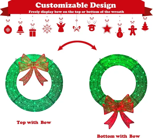Vista 6 de Corona de Navidad Iluminada para Decoraciones Exteriores, Corona de Navidad Pequeña de 24 pulgadas, 110 Luces con 8 Efectos Intermitentes, Corona