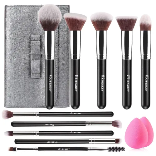 Vista 9 de BEAKEY - Juego de brochas de maquillaje, 13 piezas con estuche, 10 pinceles y 2 esponjas Soft synthetic bristles,foundation brush for liquid