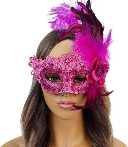 Vista 12 de Máscara de plumas burlesque, máscara de encaje de Mardi Gras para mujer, disfraz de plumas de pavo real, máscara de brocado veneciano