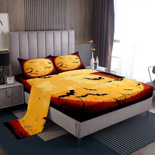 Vista 10 de Lindas sábanas de murciélagos tamaño individual, juego de sábanas de Feliz Halloween para niños y niñas, Kawaii cielo estrellado estrellas luna