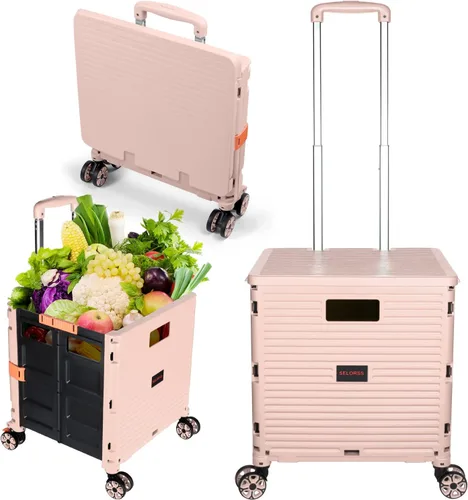 Vista 16 de Carrito plegable portátil con ruedas para compras, 4 ruedas giratorias con mango telescópico de plástico duradero y resistente, para viajes