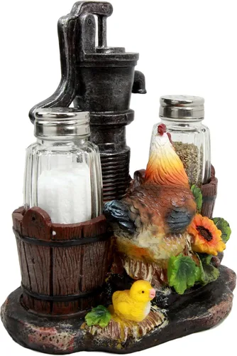 Vista 3 de Ebros Country Animal Farm Pollo gallina con pollitos por riego, barriles de bomba y girasoles, salero y pimentero, figura como cocina, comedor