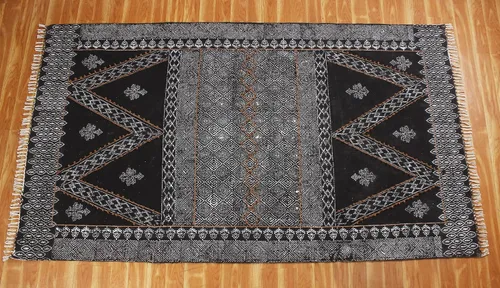 Vista 5 de Collection - Alfombra rectangular de algodón negro Dhurrie de 2 x 3 pies, alfombra geométrica Kilim para interiores y exteriores, alfombra de tejido