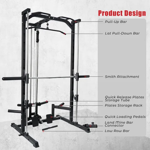 Vista 4 de RitFit Smith - Estante de potencia para máquina con sistema LAT-Pull Down, minas terrestres, barra de barra, clavijas de almacenamiento de placas