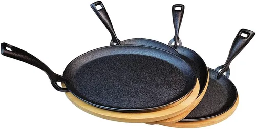 Vista 4 de HAWOK Fajita de hierro fundido con bandeja de bambú y asa Juego de 4 Negro-266-4