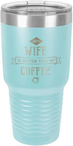 Vista 22 de Taza de viaje de acero inoxidable con popote y tapa superior deslizante My Wife Is Hot Than My Coffee Black de 30 onzas