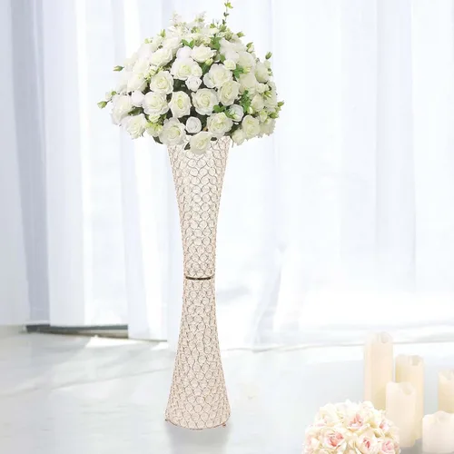 Vista 18 de Efavormart - Juego de 2 jarrones de trompeta con cuentas doradas de cristal para mesa de boda, 23 pulgadas de alto