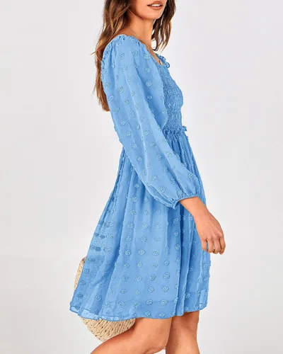 Vista 4 de BTFBM Vestidos fruncidos con cuello cuadrado para mujer, verano, otoño, manga larga, floral, lunares suizos, volantes, mini vestido bohemio