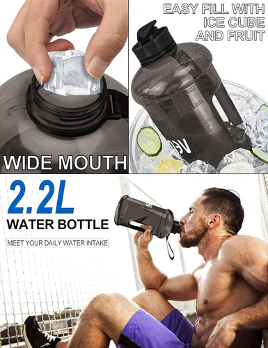 Vista 3 de Botella de agua de medio galón de 2.2 L grande para deportes con asa, 74 onzas, sin BPA, reutilizable, de plástico, a prueba de fugas