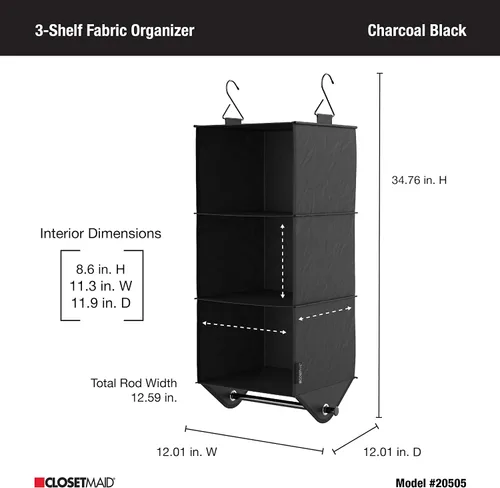 Vista 3 de ClosetMaid Organizador de armario colgante de tela de 3 estantes con barra de ropa para camisas, suéteres, pantalones, sombreros, zapatos, monederos