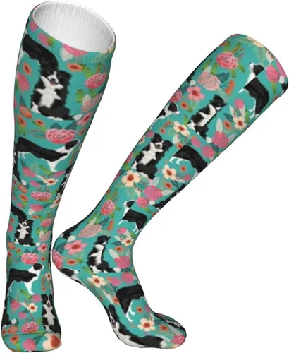 Vista 4 de AOTOSE Border Collie Florals - Calcetines de compresión para mujeres y hombres, 10-20 mmhg, tubo de viaje, medias altas hasta el muslo, medias altas