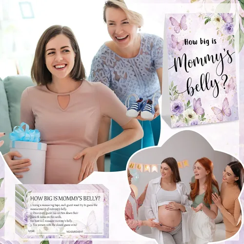Vista 67 de Sabary 64 Piezas Juegos de Baby Shower Incluyen Letrero How Big is Mommy's Belly Sign Measure Bump Game 50 Tarjetas 10 Lápices 3 Cintas Métricas