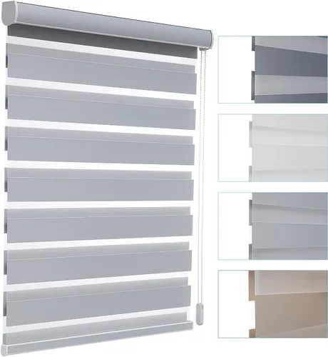 Vista 55 de MYshade Persianas enrollables de cebra opacas (85 %) con cordón para ventanas interiores, persianas de doble capa beige para dormitorio, baño, sala