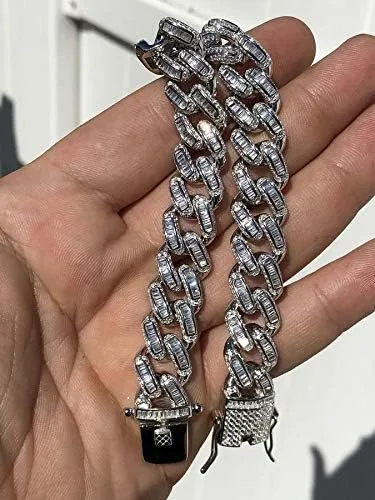 Vista 3 de HarlemBling Solid 925 Sterling Silver - Baguette CZ Iced Mens Miami Cuban Link Bracelet - 12mm - Heavy 62 Grams