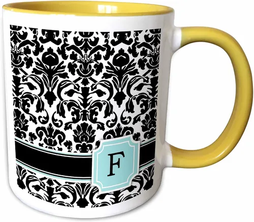 Vista 10 de 3dRose Letter F personal monogrammed mint blue black and white damask pattern - classy personalized initial 11oz Two-Tone Blue Mug